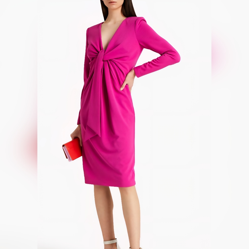 Badgley Mischka Pink Long Sleeve Twist Front Sheath Crepe Dress, Fuchsia